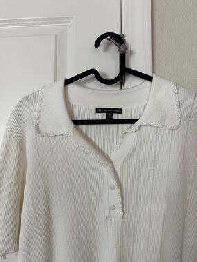 Adrianna Papell Ivory Ribbed Knit Polo with Scalloped Trim
